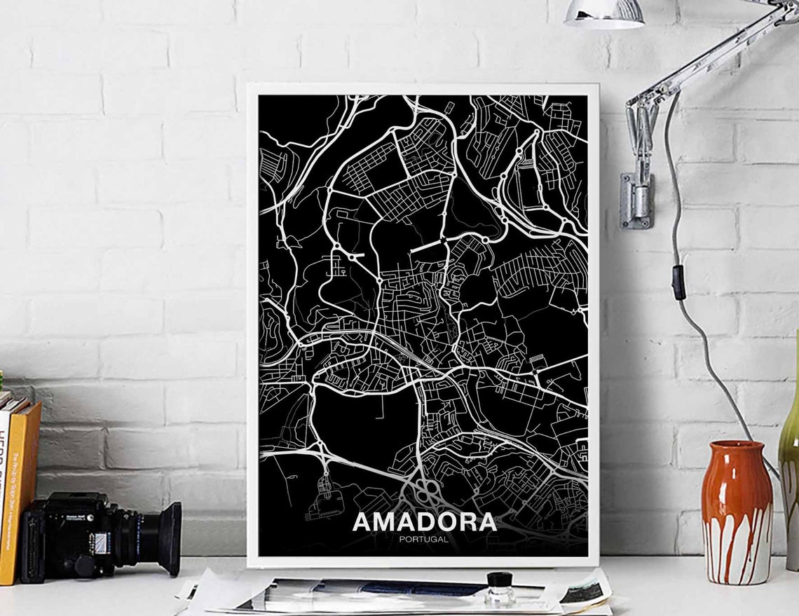 Amadora Portugal Black Background City Map White Line Art Print
