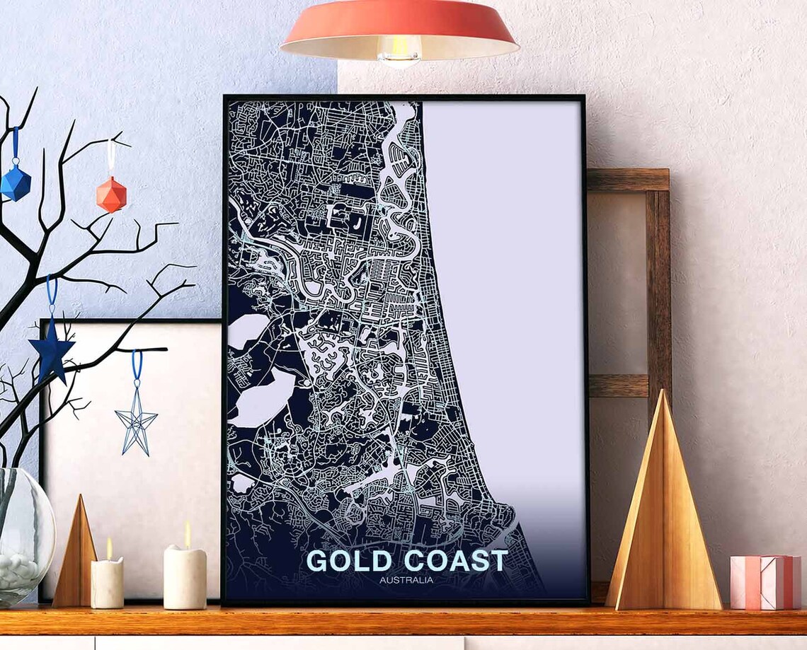 Gold Coast Australia Navy Blue Street Map Modern City Poster