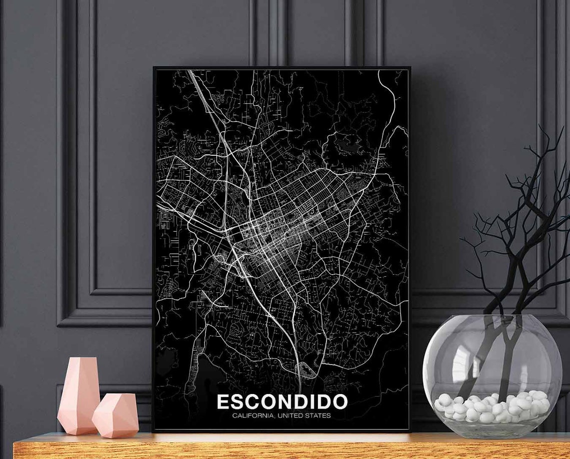 Escondido California Black Street Map City Hometown Decor Poster