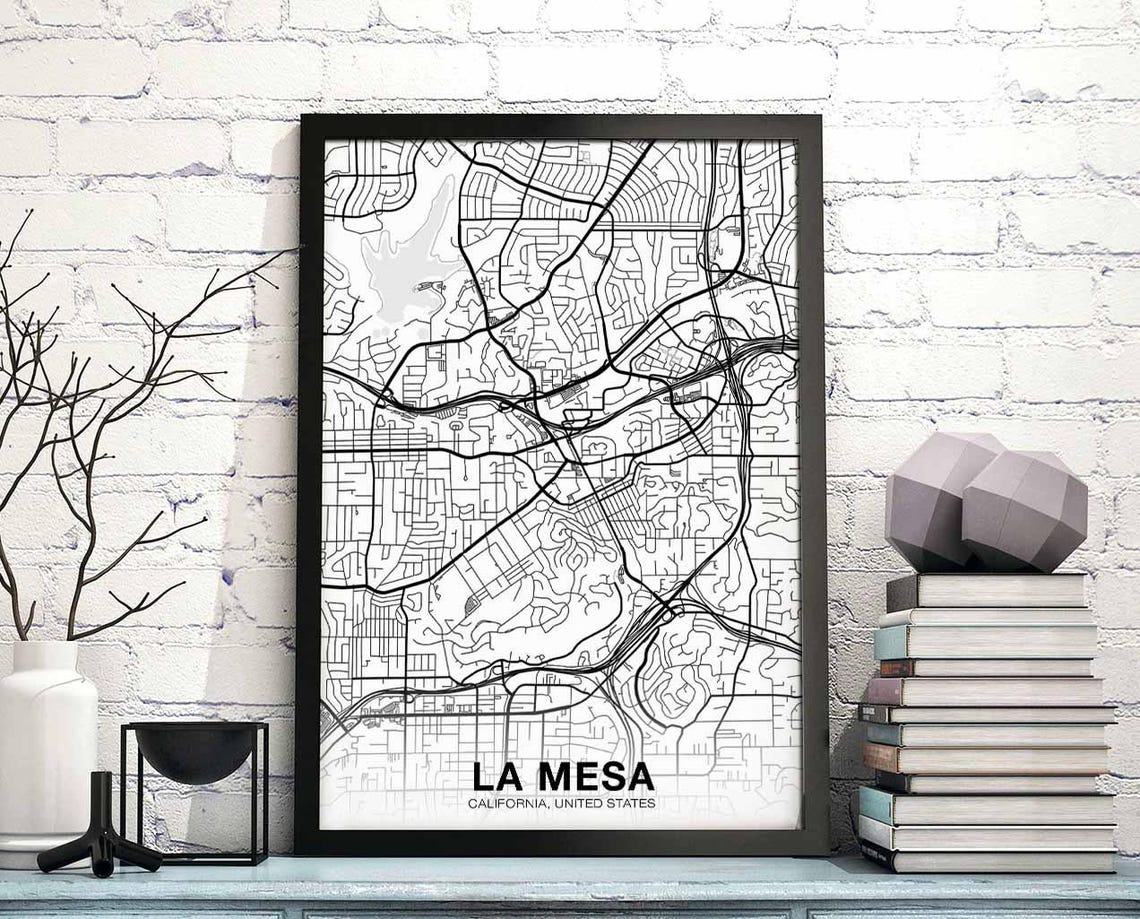 La Mesa California Black and White Street Map Poster Modern Home Decor