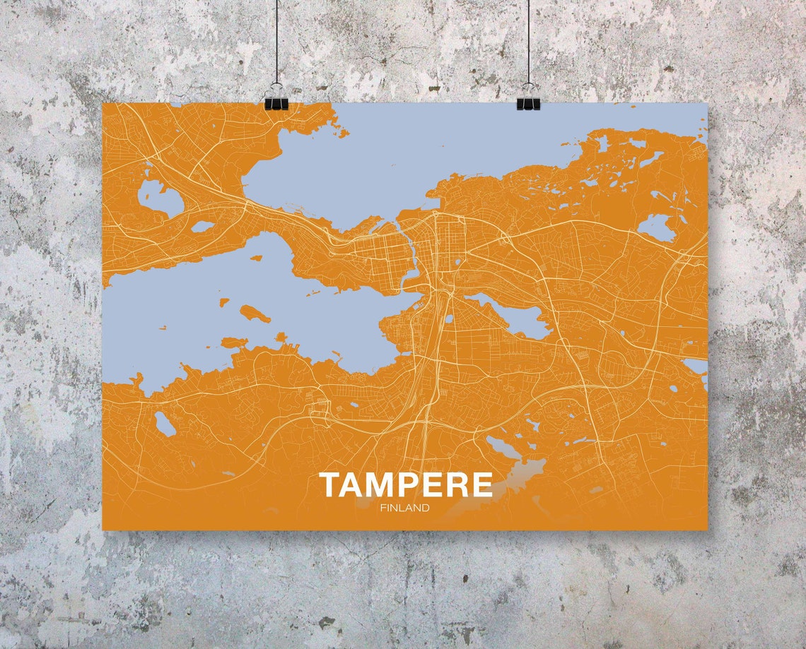 Tampere Finland Horizontal Orange And Blue Modern City Map Poster