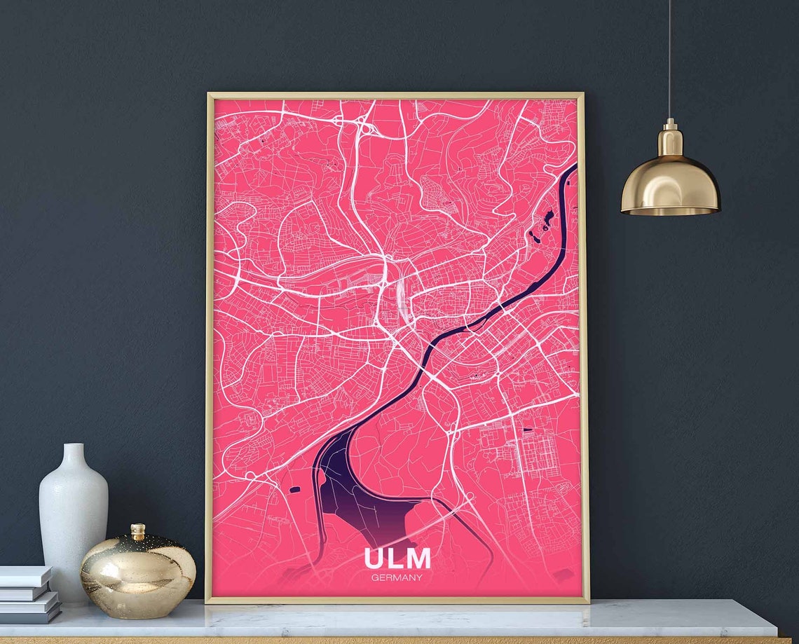 Ulm Germany Pink Modern Street Map Danube Hometown Art Poster