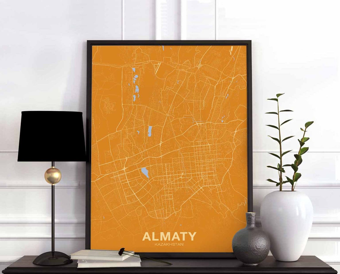 Almaty Kazakhstan Golden Orange Colorful City Street Map Art Poster