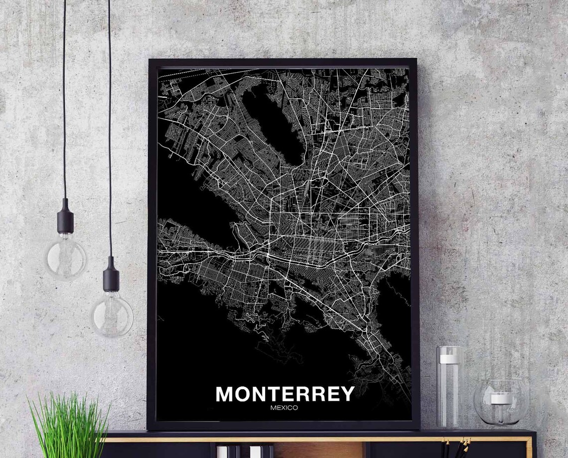 Monterrey Mexico Map Poster Black Background Minimalist City Street Art