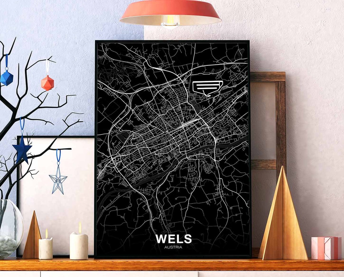 Wels Austria Sleek Black White Modern City Street Map Poster