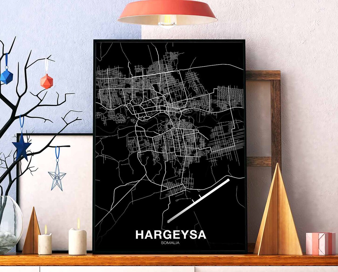 Hargeysa Somalia Map Poster, Modern Black White