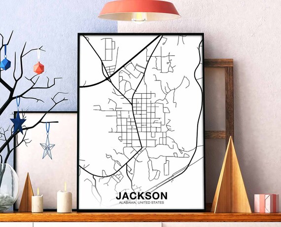 Jackson Alabama Al Usa Map Poster Black White Hometown City Print Modern Home Decor Office Decoration Wall Art Dorm Bedroom Gift