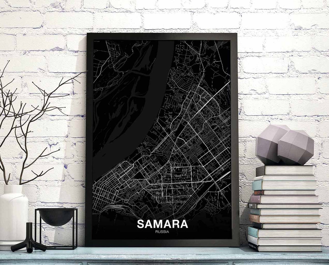 Samara Russia City Street Map Black Night Modern Decor Poster