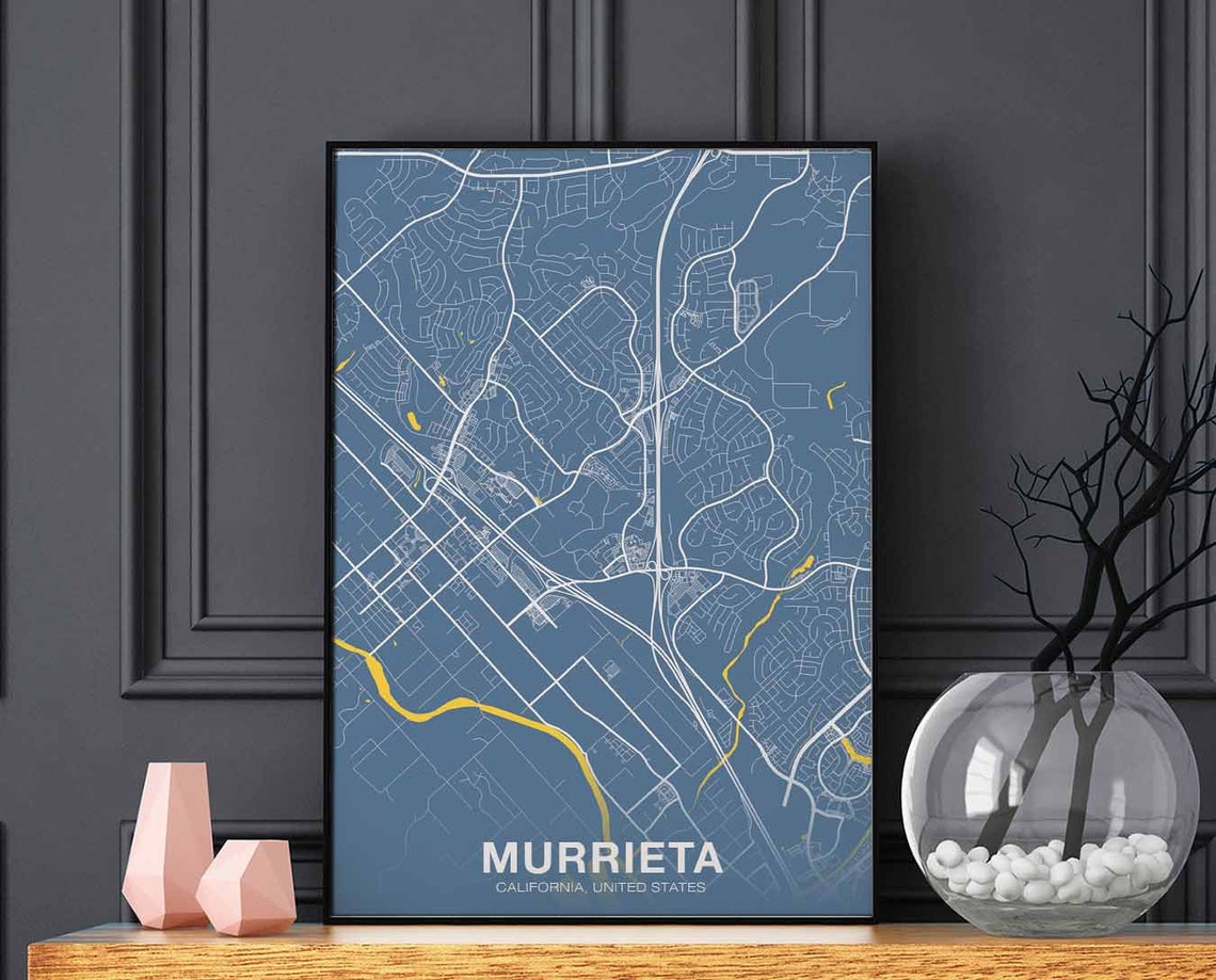 Murrieta California Slate Blue Modern City Map Poster for Home