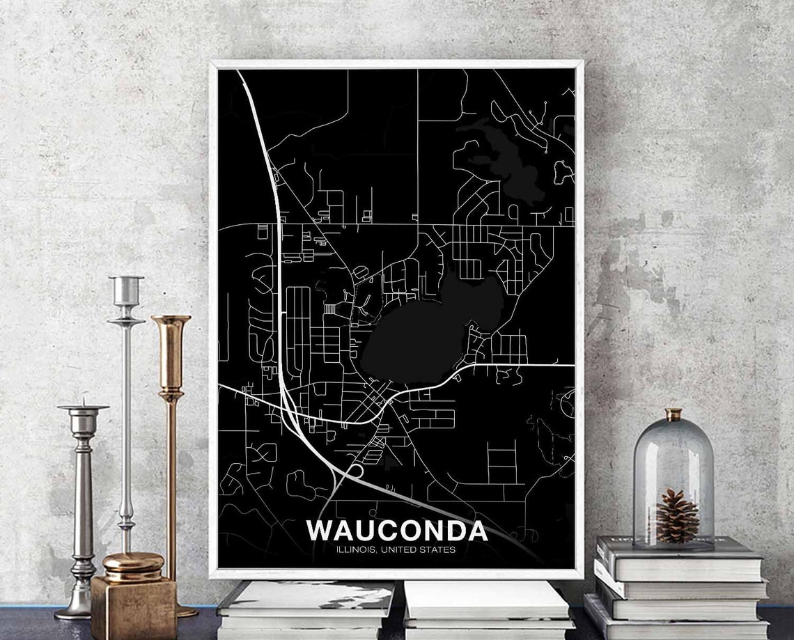 Wauconda Illinois USA Black Minimalist City Street Map Poster