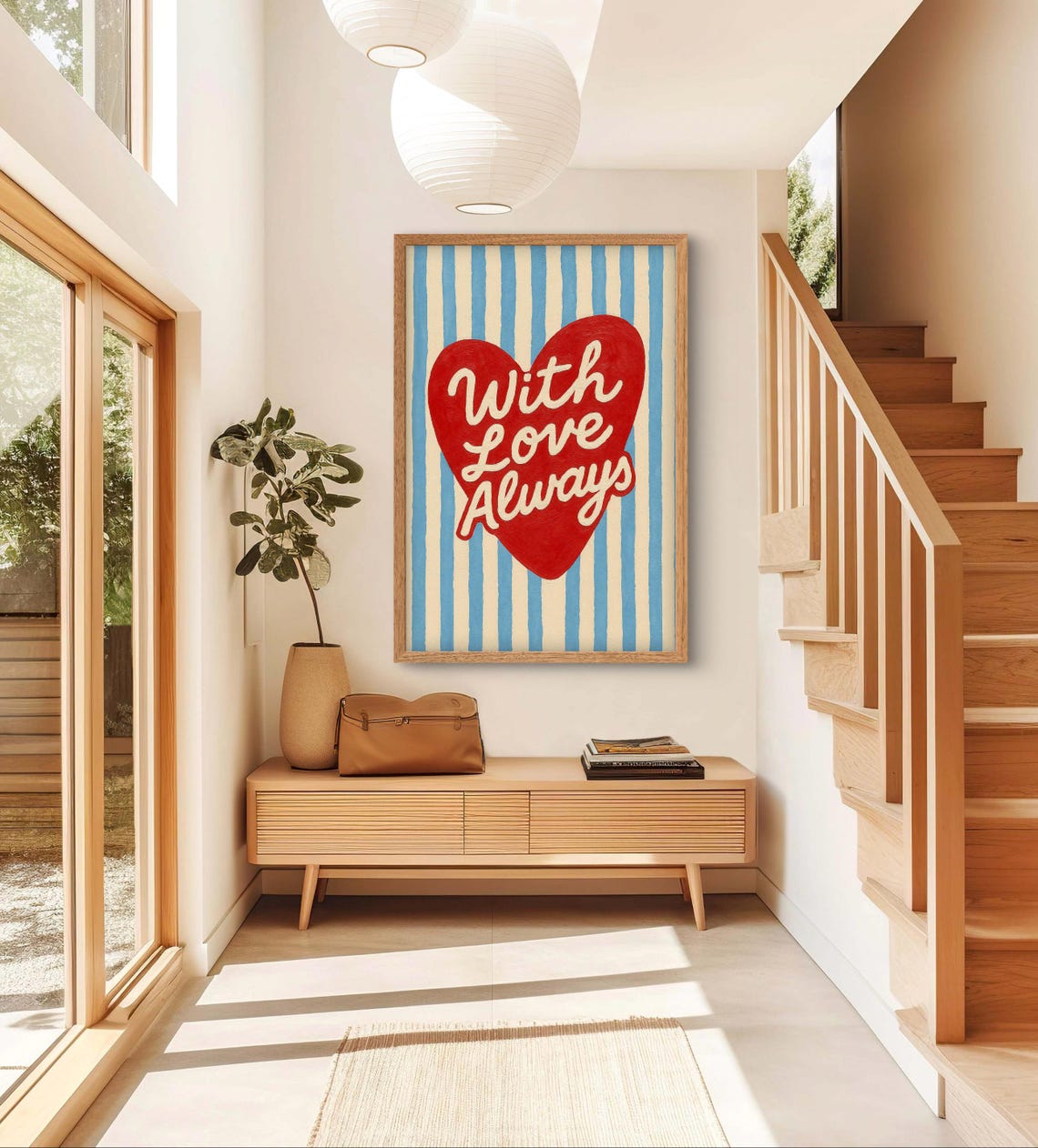 With Love Always Red Heart Blue Striped Retro Valentine Love Poster