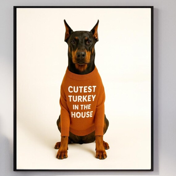 Doberman Thanksgiving Wall Art Funny Fall Dog Print Cutest Turkey In The House Poster Mom Gift Cozy Holiday