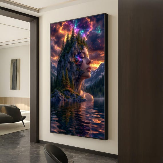 Surreal Nature Woman Canvas Mountain Face Wall Art Dreamscape Forest Landscape Cosmic Sky Fantasy Home Decoration