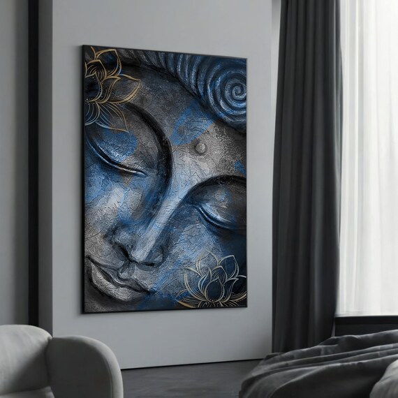 Serene Blue Buddha Face Gold Lotus Textured Zen Wall Decor Art Poster