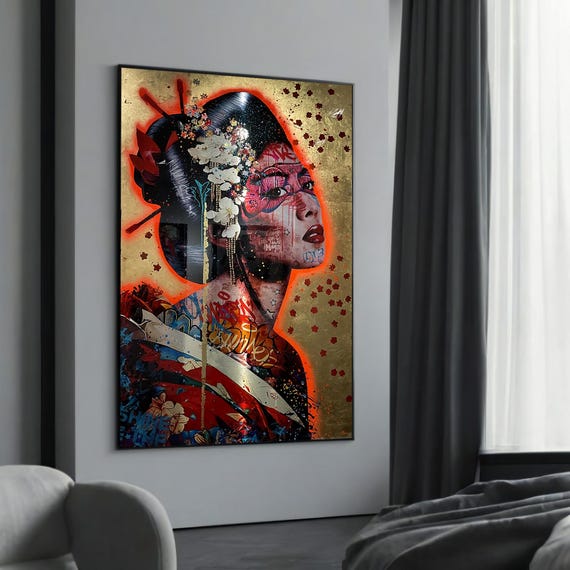 Graffiti Geisha Canvas Painting A Bold Fusion Of Tradition And Urban Art For Contemporary Decor Cultural Enthusiasts