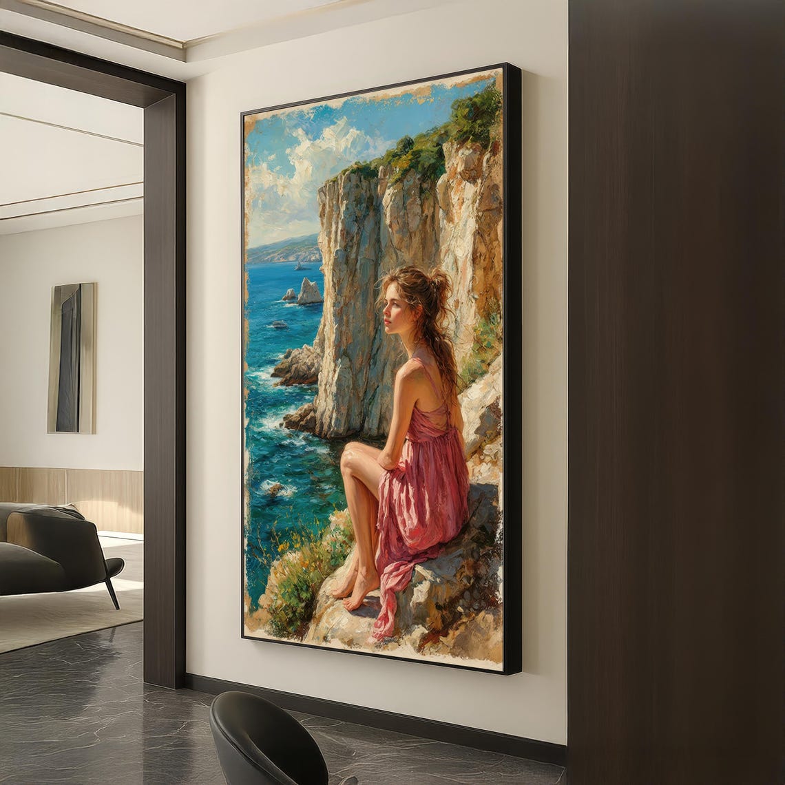 Romantic Seaside Girl Pink Dress Cliff Ocean Impressionist Poster