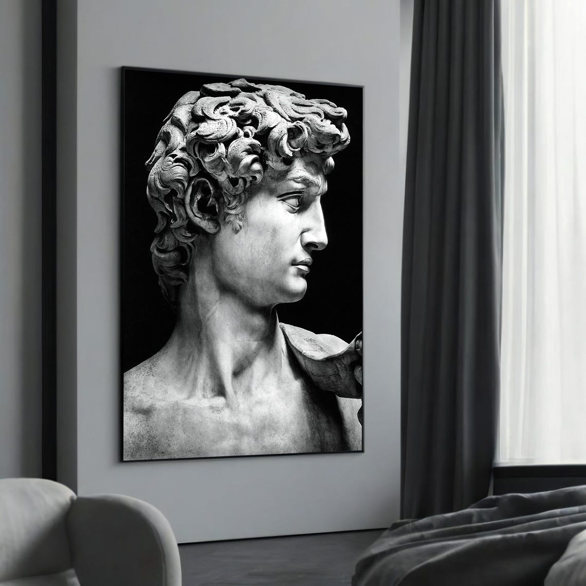 David by Michelangelo Statue Head Black White Classic Sculpture Poster
