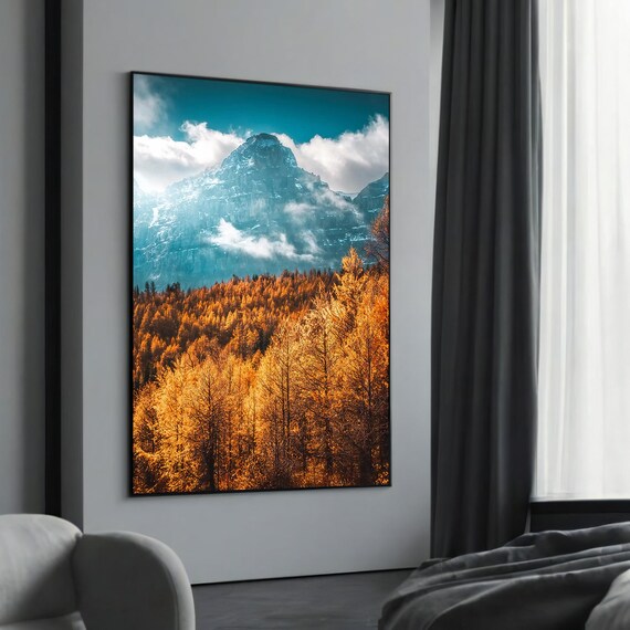 Golden Autumn Forest Below Snowy Mountain Peak Landscape Poster