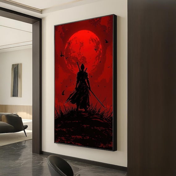 Samurai Silhouette Giant Red Moon Night Sky Warrior Scene Poster