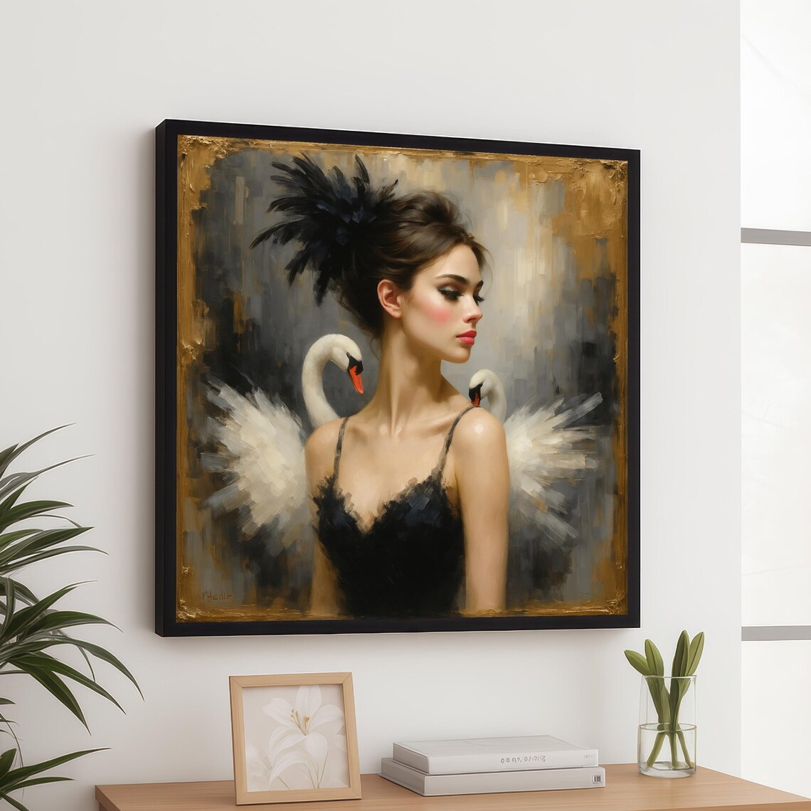 Elegant Ballerina Black Dress Swans Oil Painting Canvas Wall Art