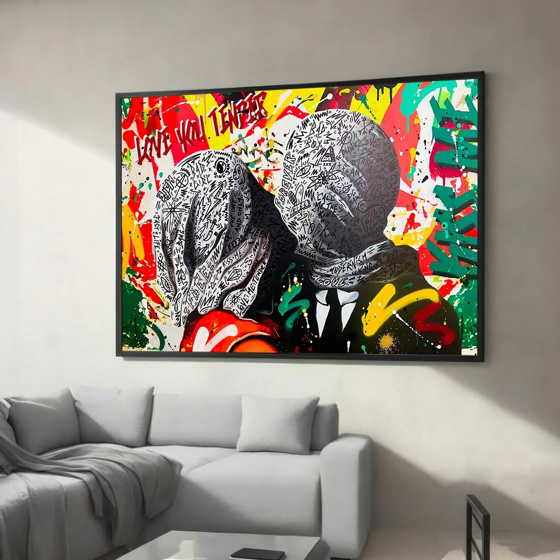 Love Me Tender Doodle Lovers Kissing Colorful Street Art Poster