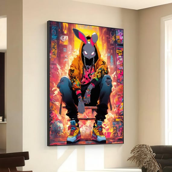Urban Street Bunny Graffiti Hoodie Canvas Neon Art Cool Rabbit Character Modern Wall Vibrant Home Decor