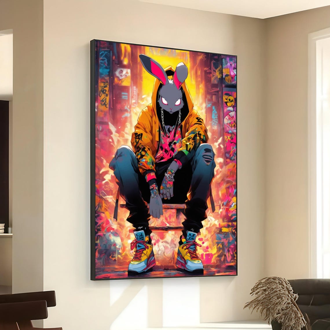 Urban Street Bunny Graffiti Hoodie Canvas Neon Art Cool Rabbit Character Modern Wall Vibrant Home Decor