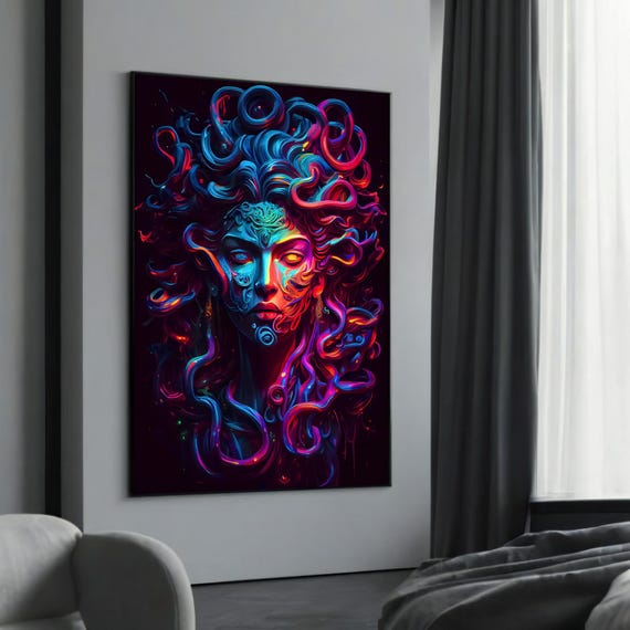 Vibrant Neon Medusa Canvas Painting Gift Futuristic Mythological Art For Bold And Unique Home Decor