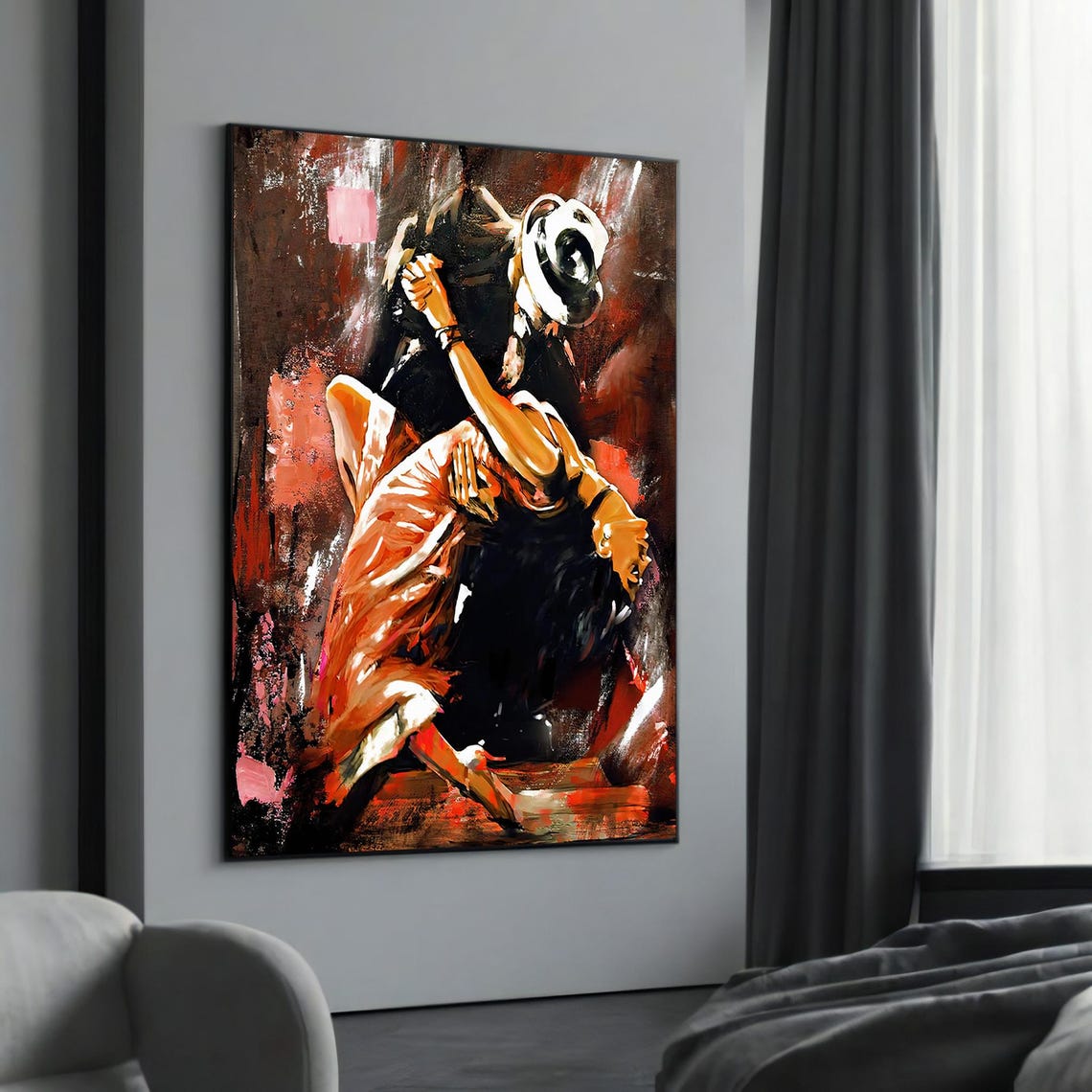 Dynamic Tango Dancers Red Dress Bold Expressive Latin Art Poster
