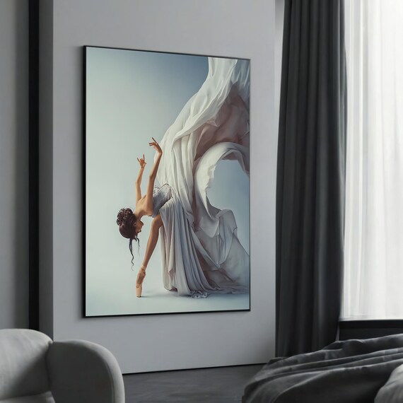Graceful Ballet Dancer Canvas Art Flowing Fabric Wall Decor Contemporary Dance Print Elegant Ballerina Artwork