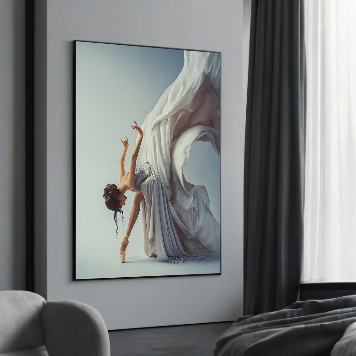 Graceful Ballerina Flowing White Fabric Dance Photography Poster