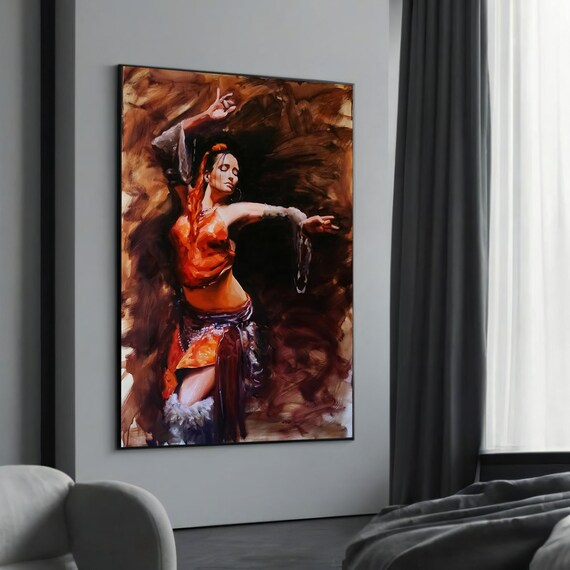 Passionate Flamenco Dancer Orange Dress Expressive Oil Art Poster