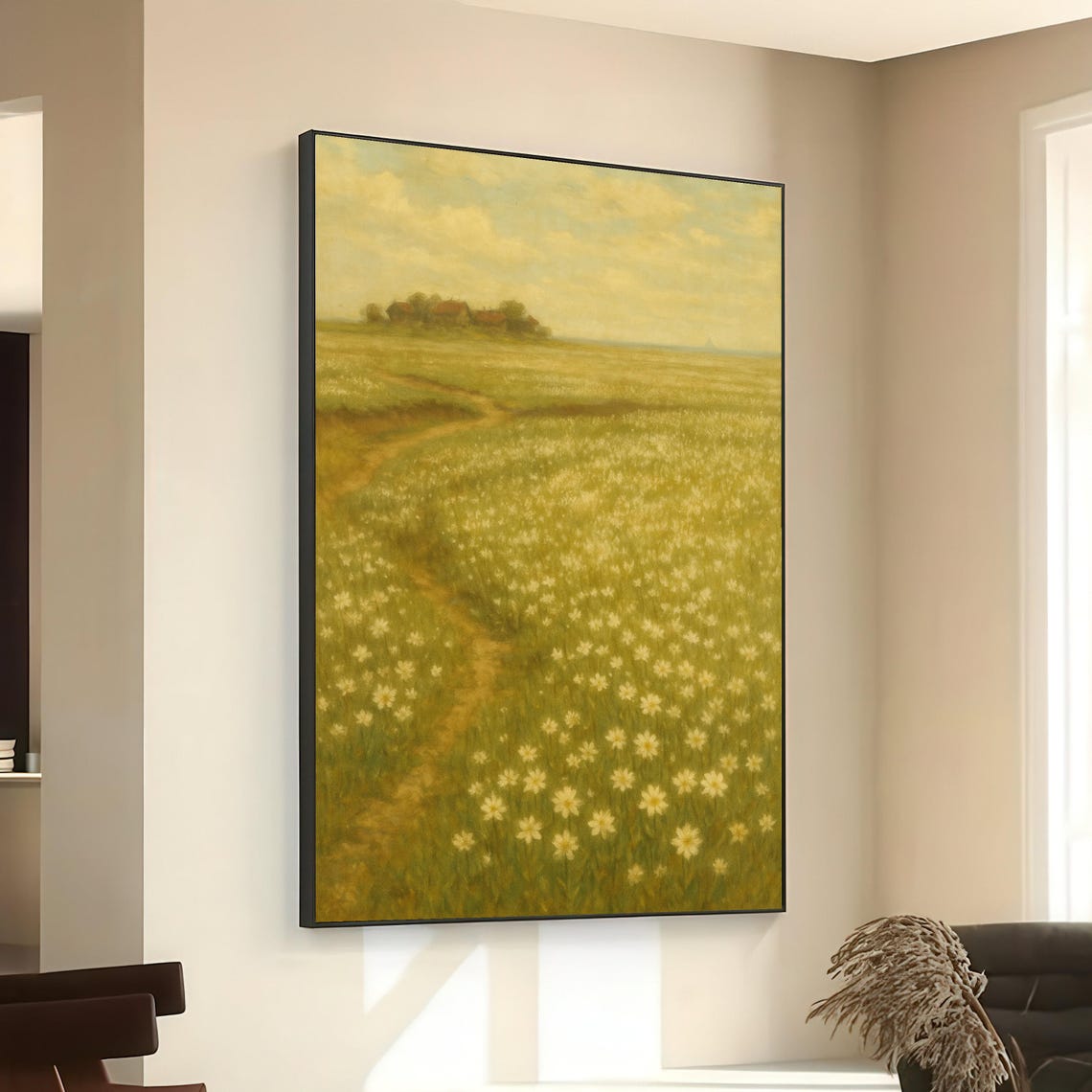 Tranquil Meadow Path Daisy Field Pastel Landscape Art Poster