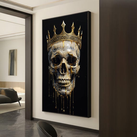 Dripping Gold Skull Canvas Royal Crown Wall Art Dark Gothic Decor Modern Abstract Edgy Home Decoration Ready To Hang