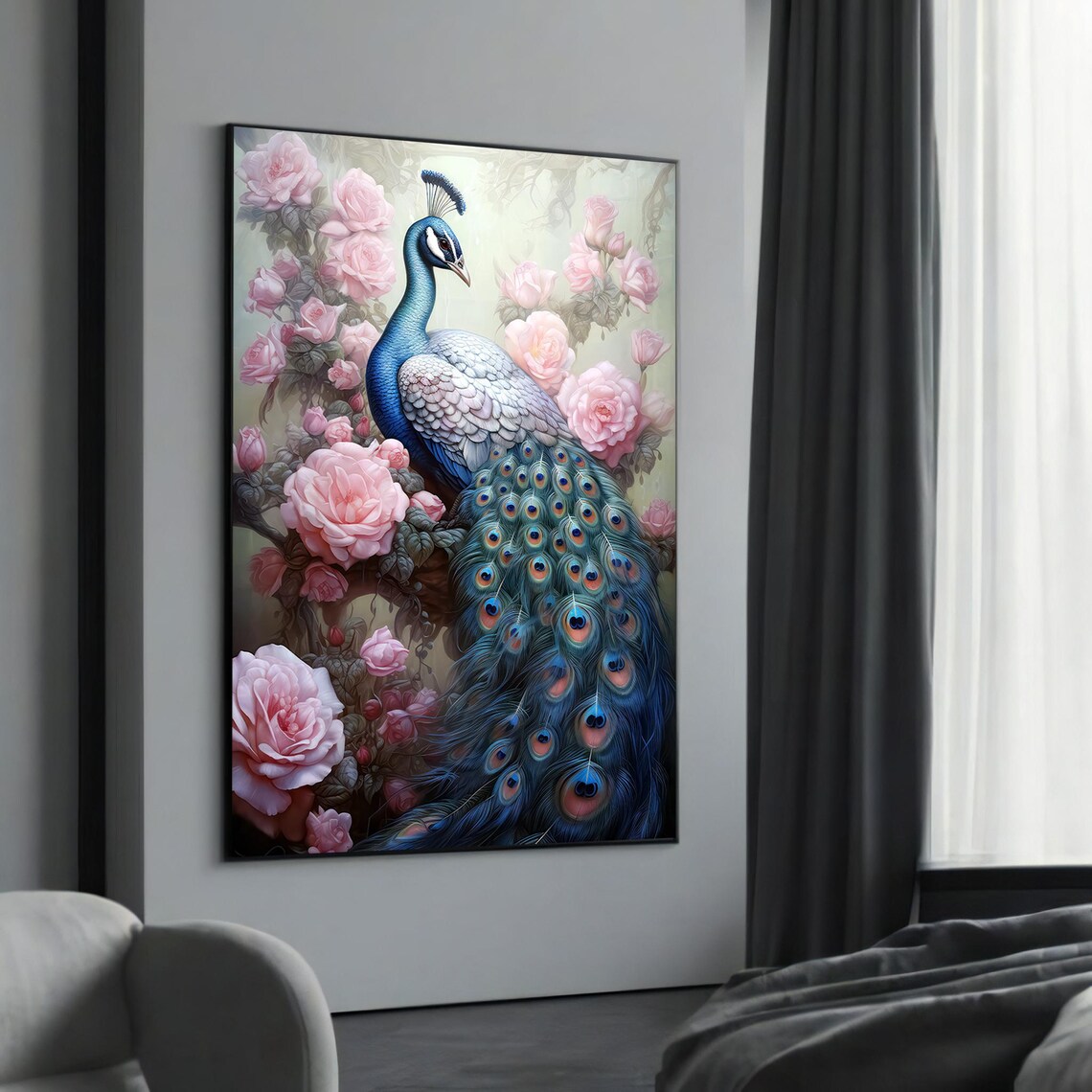 Ethereal Peacock with Jeweled Tail Among Pink Roses Garden Poster