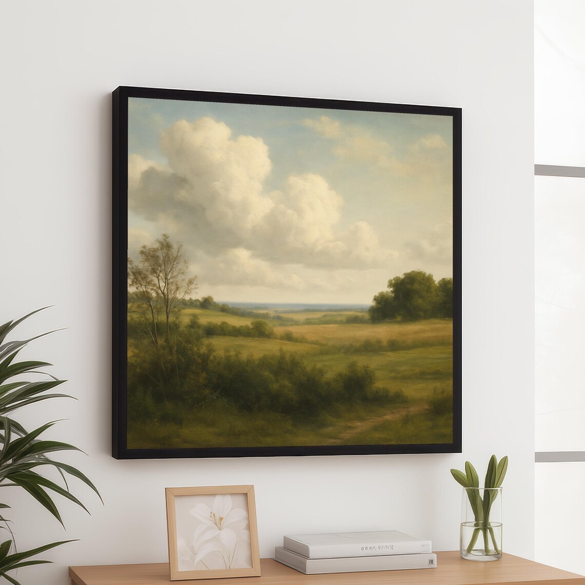 Classic Countryside Fields Cloudy Sky Vintage Landscape Wall Art