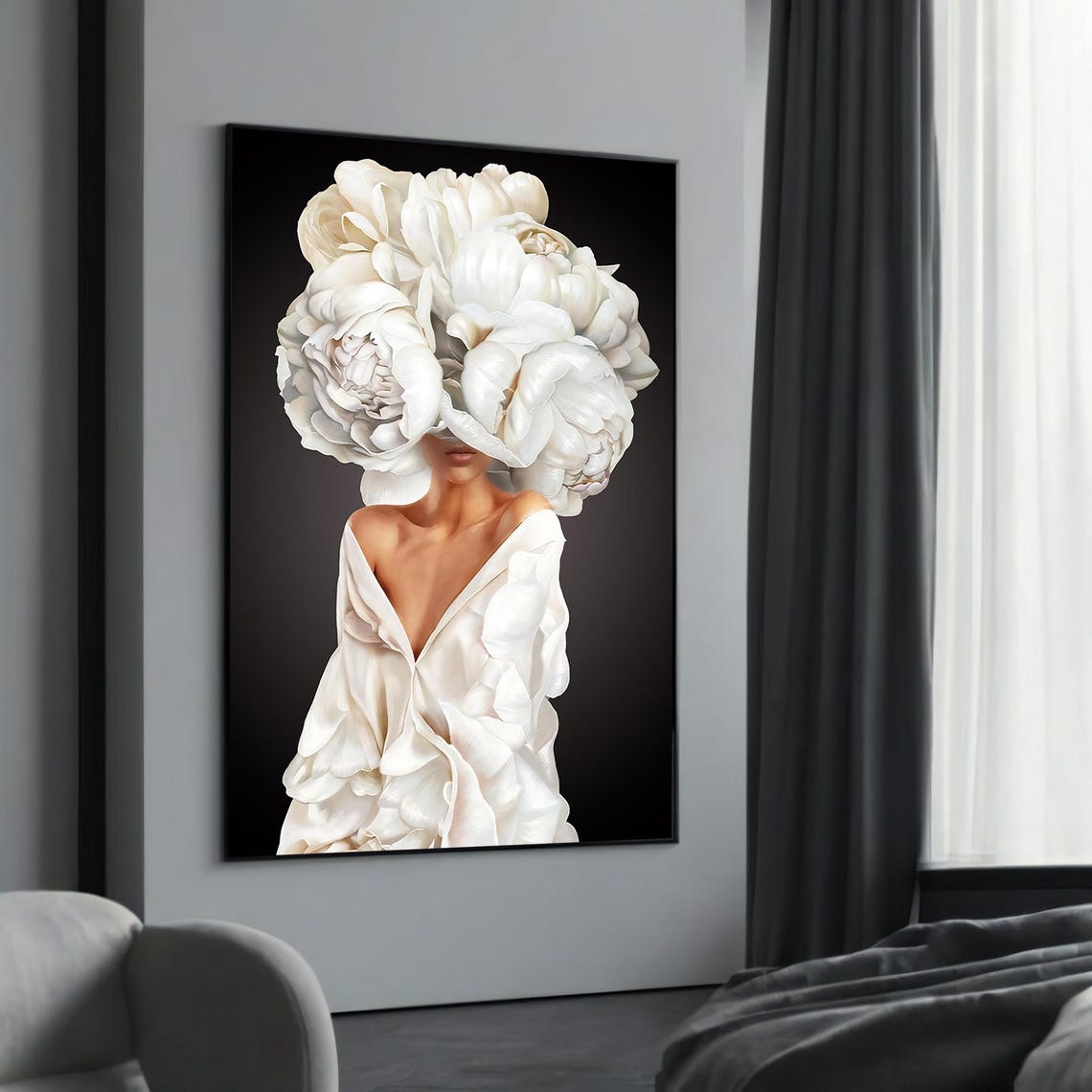 Elegant White Peony Flower Head Minimalist Feminine Portrait Poster