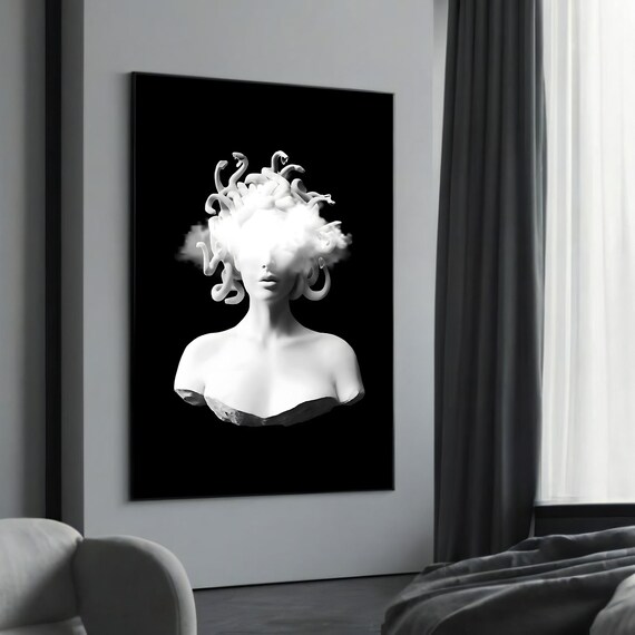 White Medusa Bust Snake Hair Mist Covered Face Myth Art Poster