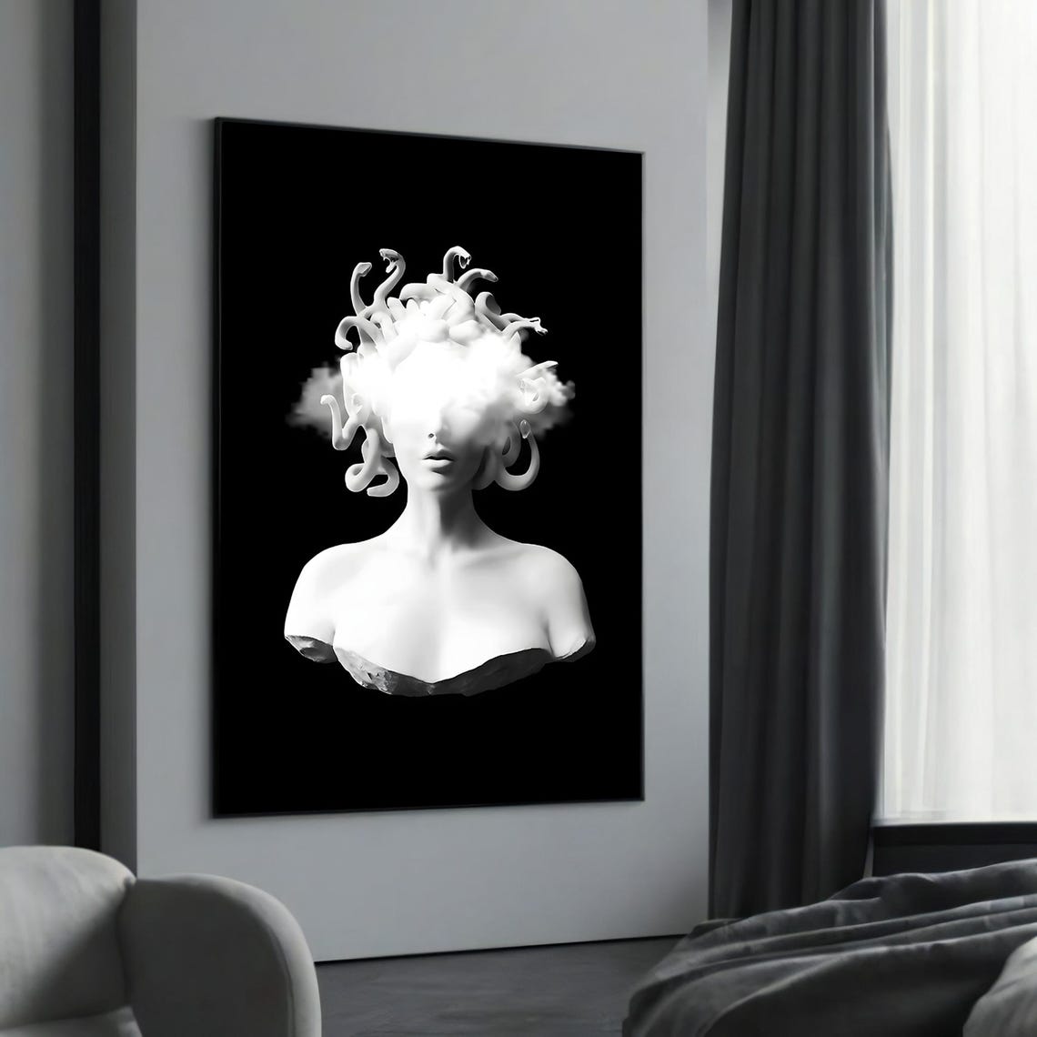 White Medusa Bust Snake Hair Mist Covered Face Myth Art Poster