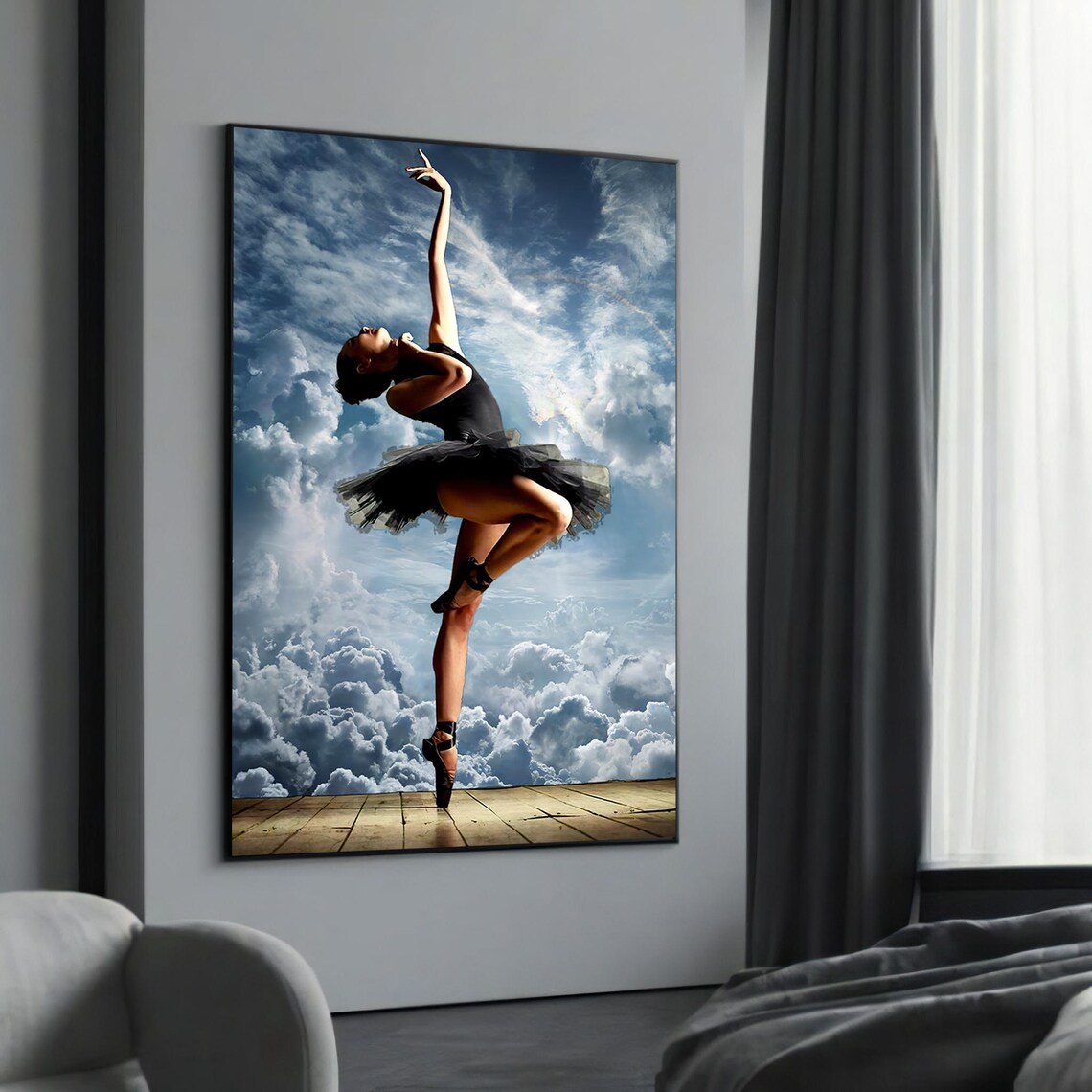 Ballerina Dancing High Against a Cloudy Sky Black Tutu Poster