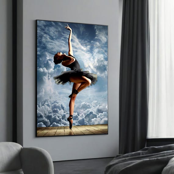 Dreamy Ballet Dance Canvas Art Elegant Ballerina Against Clouds Inspirational Wall Decor Modern Photography Print