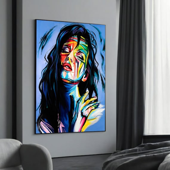 Abstract Woman Neon Blue Red Yellow Vivid Portrait Colorful Wall Art