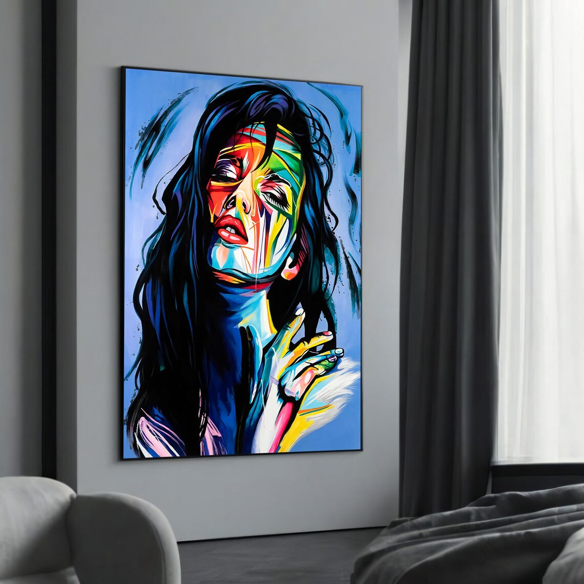 Abstract Woman Neon Blue Red Yellow Vivid Portrait Colorful Wall Art