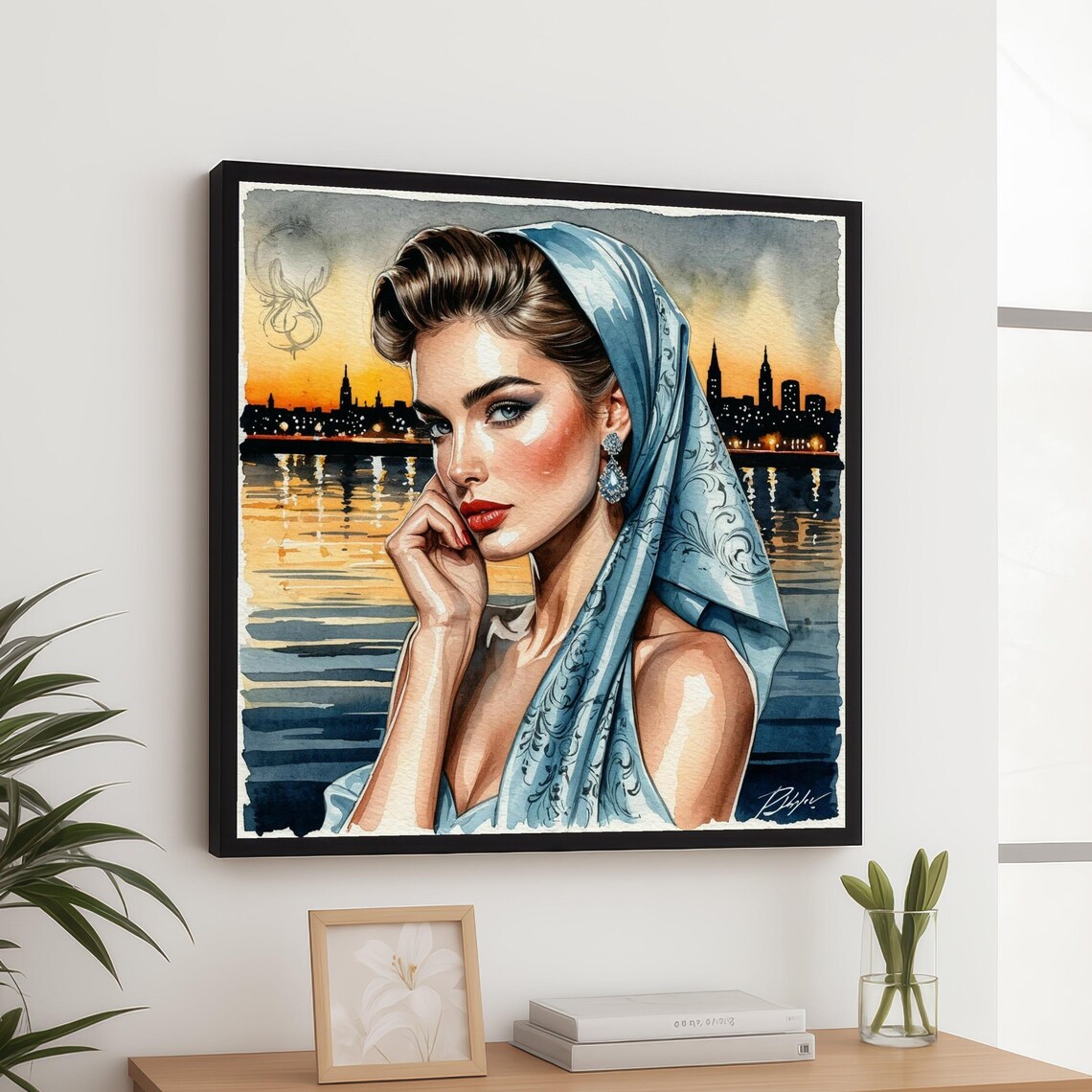 Elegant Woman Blue Headscarf City Sunset Skyline Watercolor Art Poster