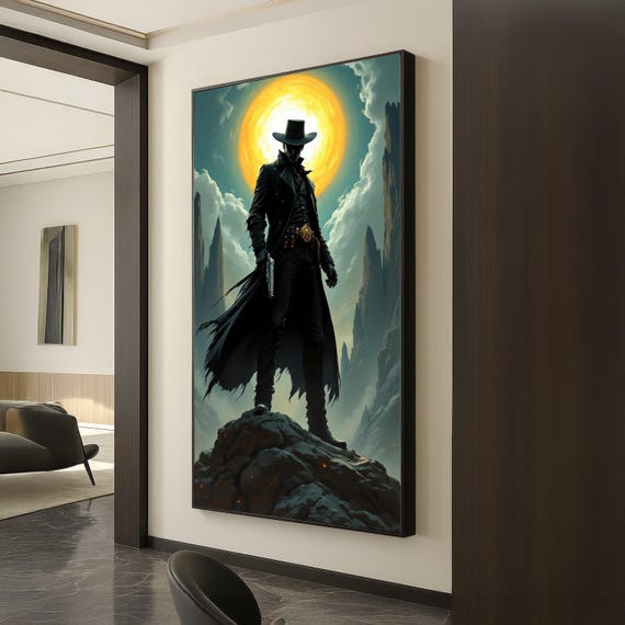 Lone Gunslinger Canvas Wall Art Western Cowboy Silhouette Dramatic Sun Background Dark Desert Landscape Moody Wild West Decor