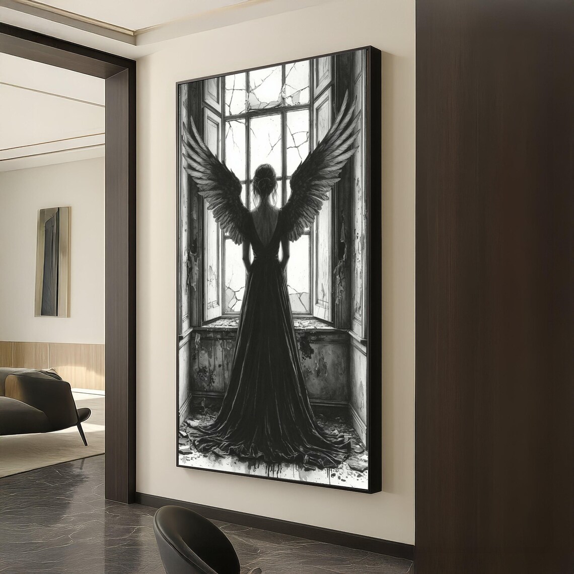 Dark Angel Wings Gothic Woman Black White Cracked Window Art Poster