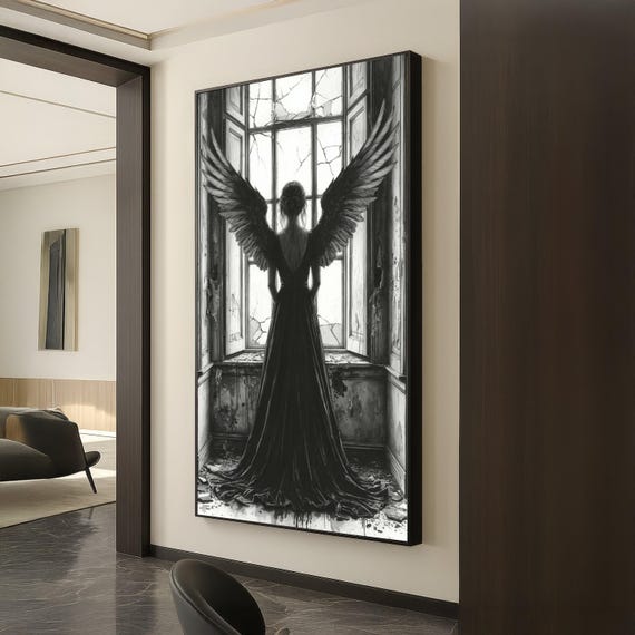 Dark Angel Canvas Wall Art Gothic Woman With Wings Black And White Painting Moody Interior Decoration Dramatic Home
