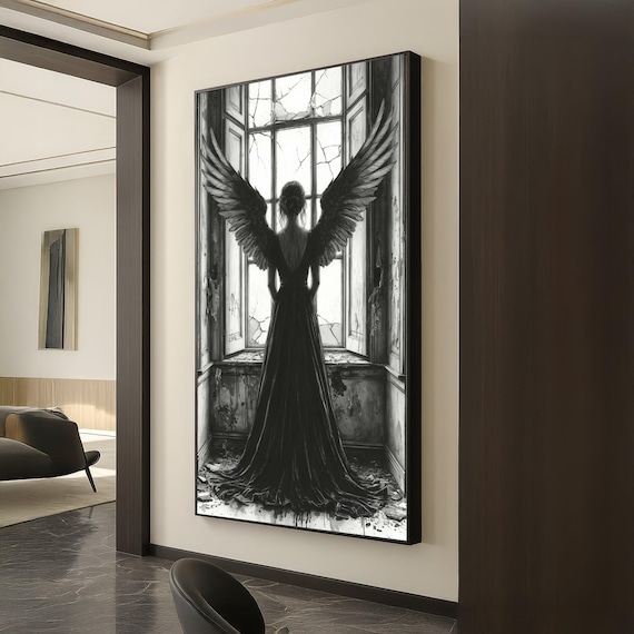 Dark Angel Wings Gothic Woman Black White Cracked Window Art Poster