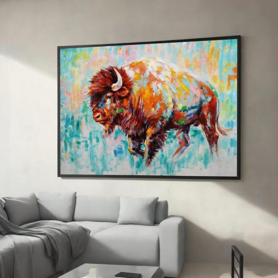 Colorful Bison Canvas Wall Art Vibrant Abstract Wildlife Painting Modern Rustic Home Decor Ready To Hang Statement Artwork