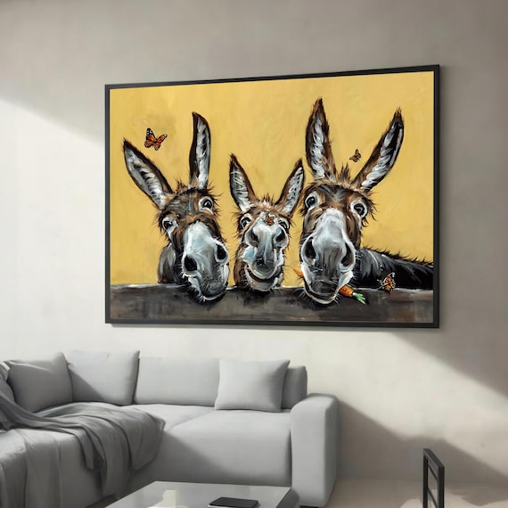 Funny Donkey Canvas Wall Art Whimsical Farm Animal Painting Rustic Country Decor Ready To Hang Playful Home Artwork